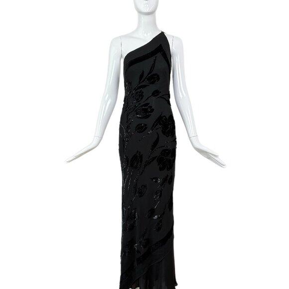 PAMELA DENNIS Vintage Black Silk Asymmetrical Evening Gown Maxi Dress Floral - Picture 3 of 10